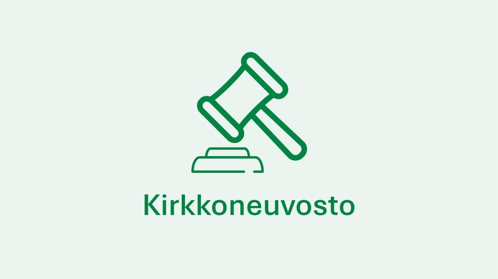 Vihreä viivapiirros päätösnuijasta ja nuijan aluslaudasta, alla teksti 'Kirkkoneuvosto'.