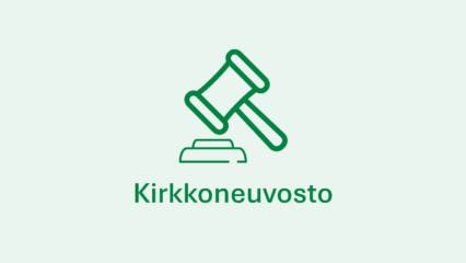 Vihreä viivapiirros päätösnuijasta ja nuijan aluslaudasta, alla teksti 'Kirkkoneuvosto'.