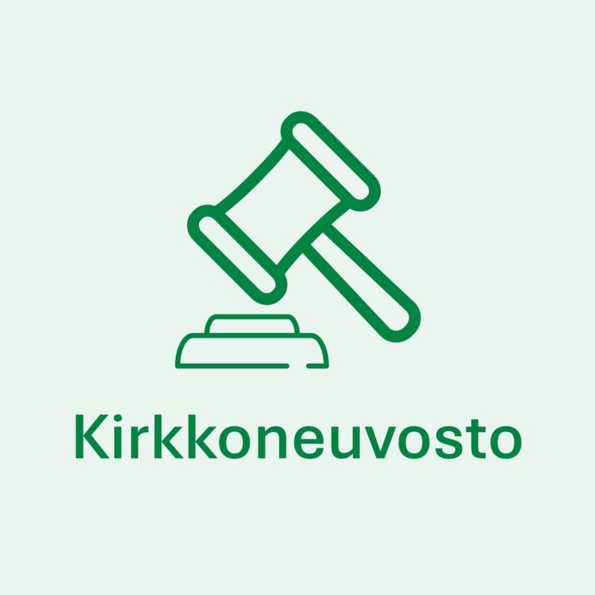 Vihreä viivapiirros päätösnuijasta ja nuijan aluslaudasta, alla teksti 'Kirkkoneuvosto'.