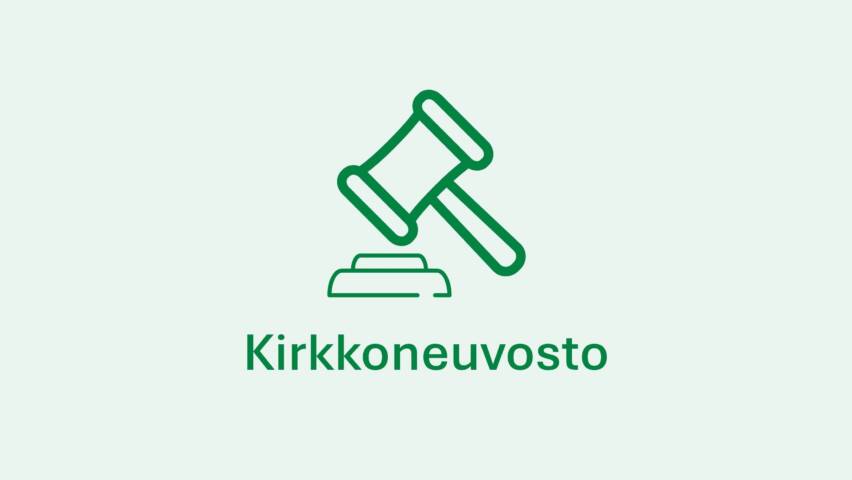 Vihreä viivapiirros päätösnuijasta ja nuijan aluslaudasta, alla teksti 'Kirkkoneuvosto'.