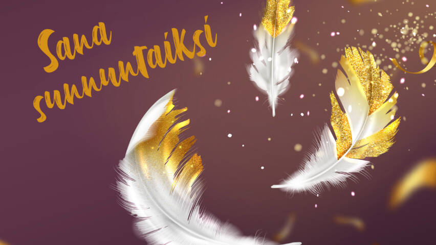 Höyheniä violetilla taustalla, keskellä teksti "Sana sunnuntaiksi"